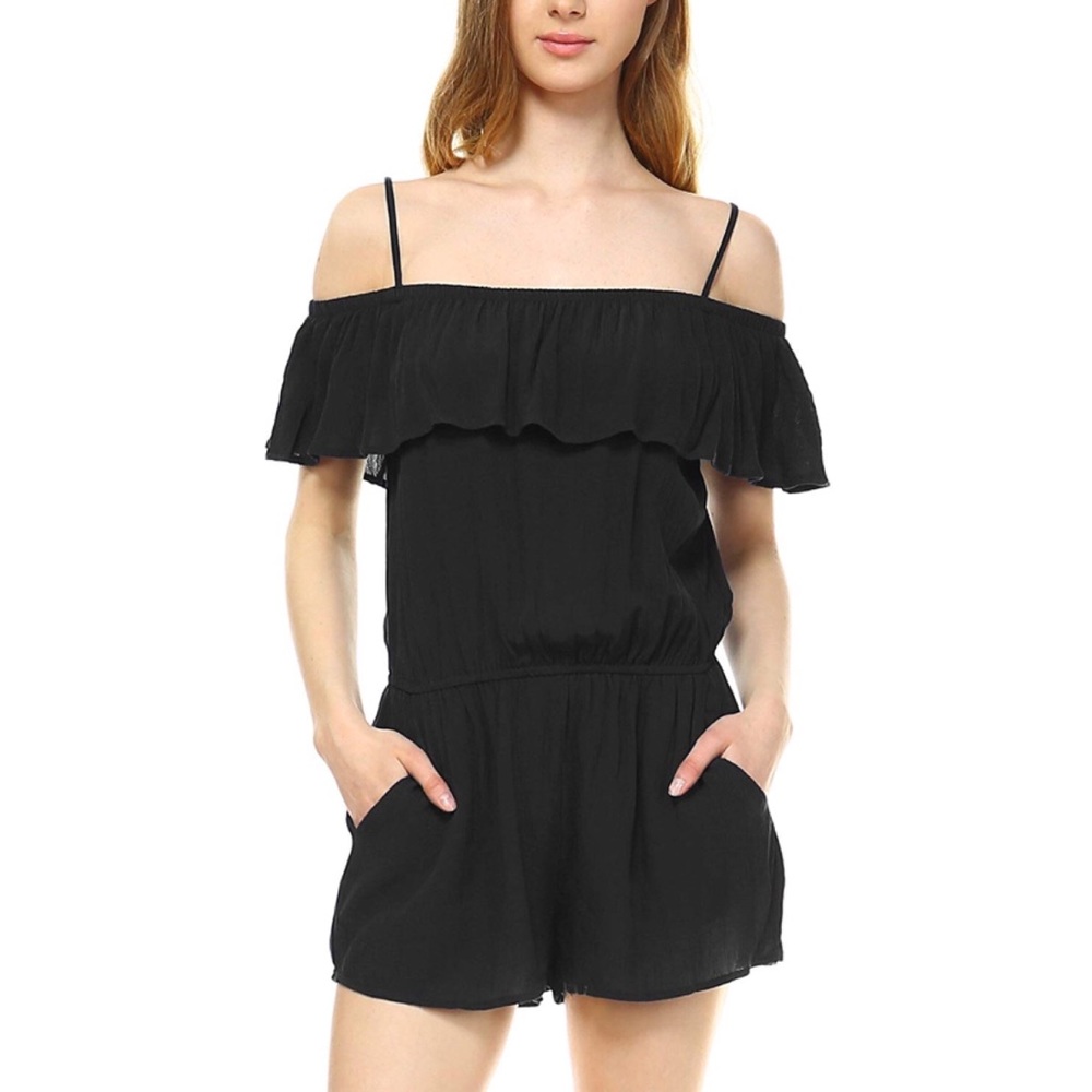 Off Shoulder Ruffle Overlay Romper with Pockets - Picture 1 of 6